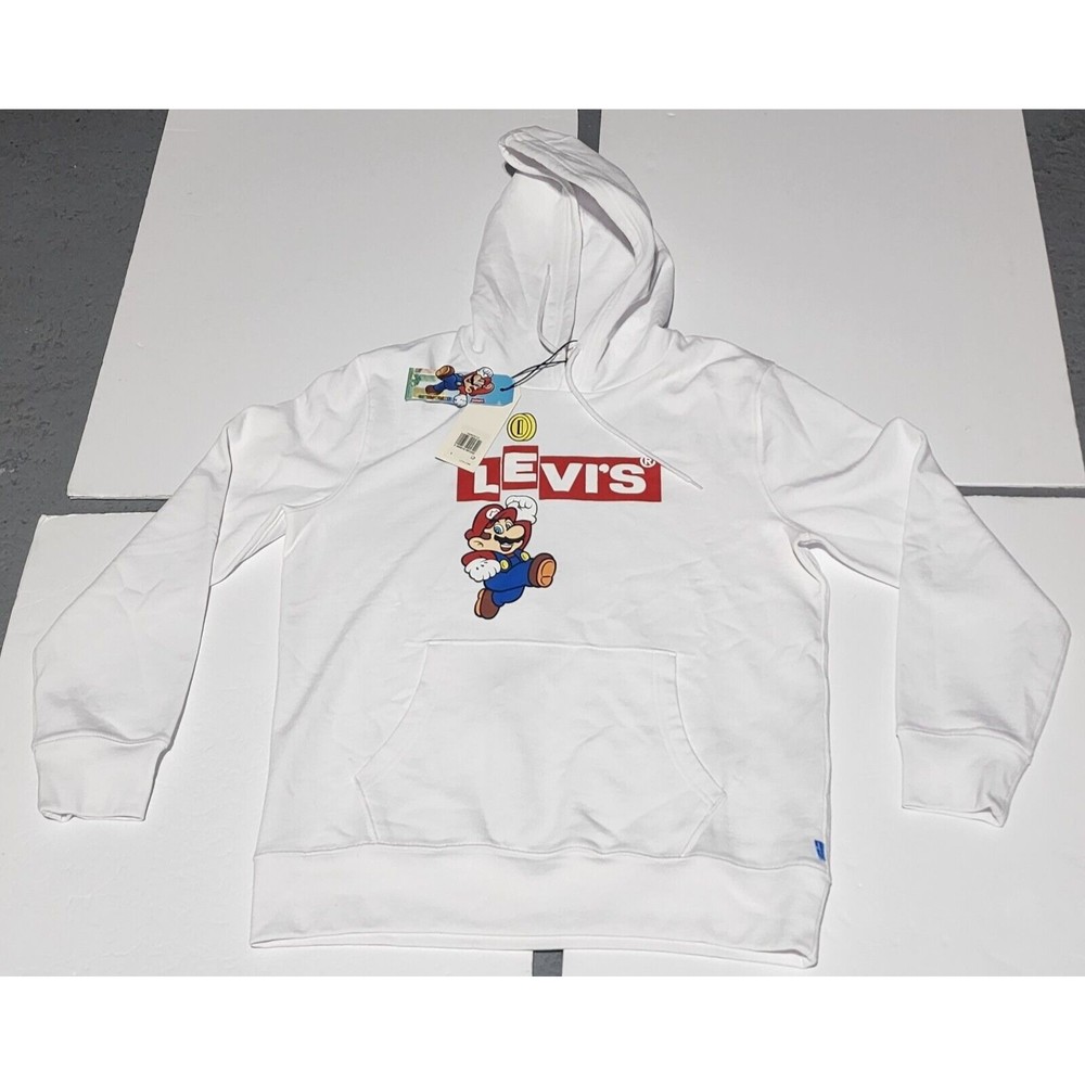 New Levi's X Nintendo Super Mario Power Up White Pull over Hoodie Size SMALL